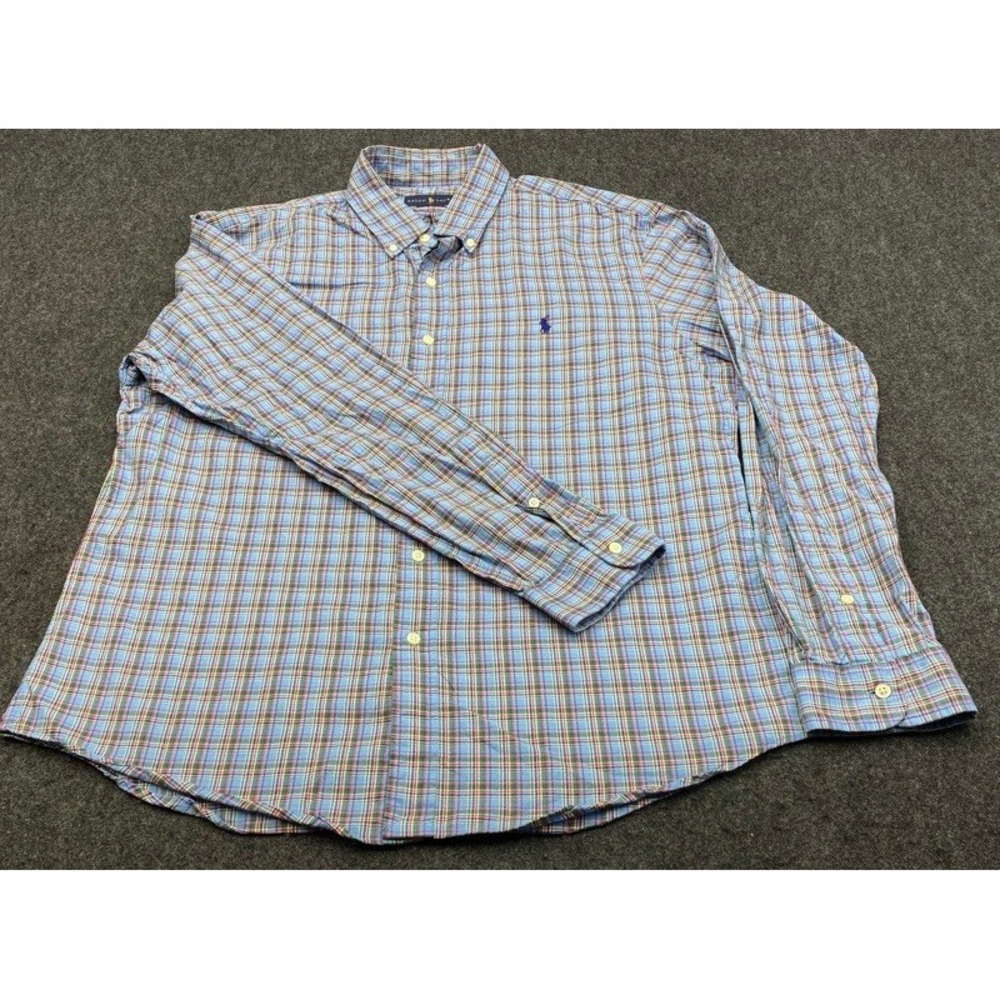 Ralph Lauren Button Down Shirt Mens XL Blue Plaid Slim Fit Cotton Long Sleeve